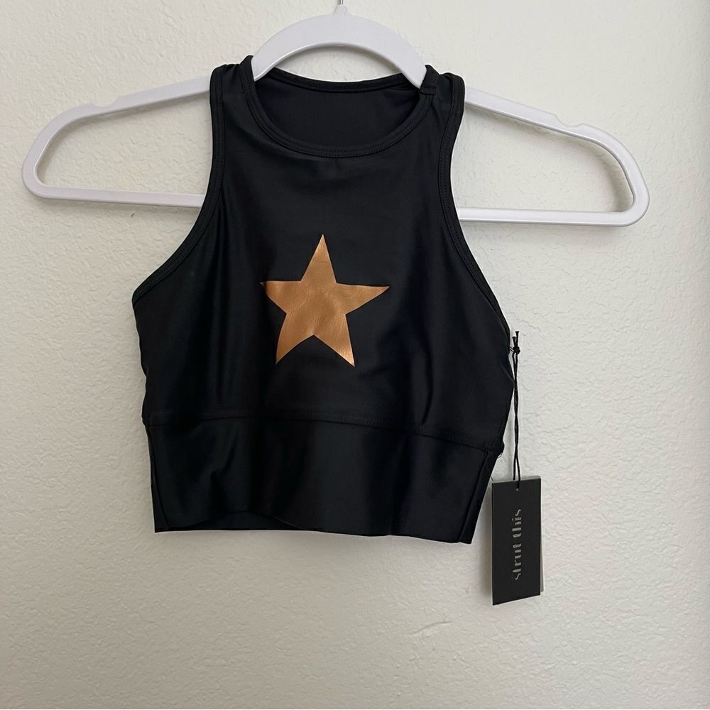 NWT Strut! Black Gold Star Sports Bra Size Small